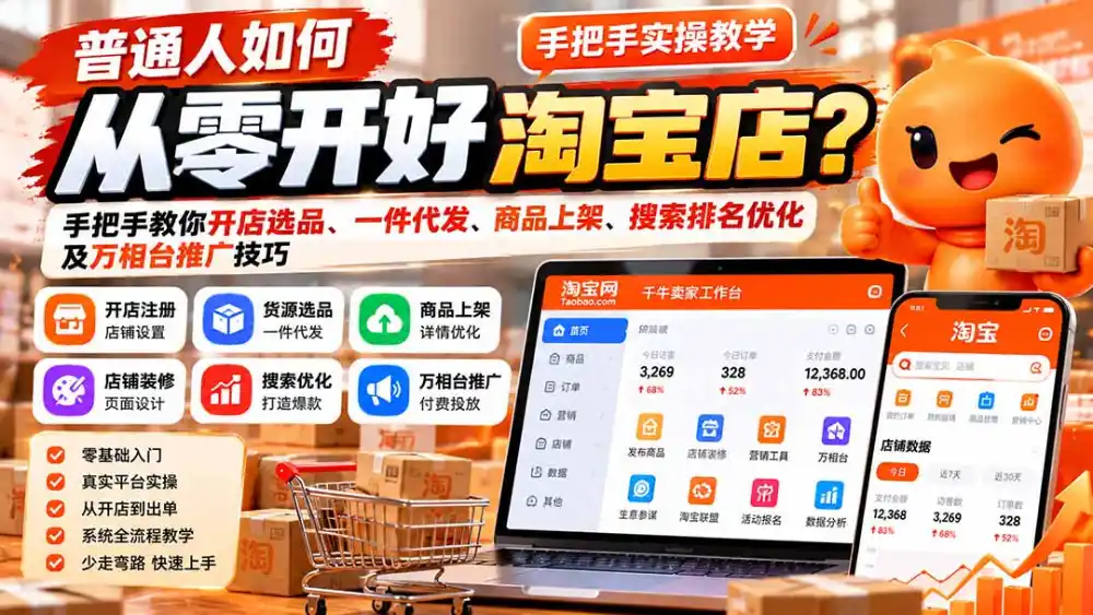普通人如何从零开好淘宝店？手把手教你开店选品、一件代发、商品上架、搜索排名优化及万相台推广技巧-云网创