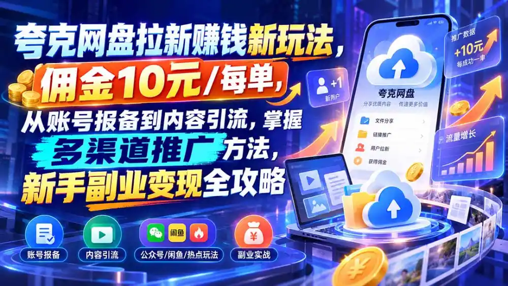 夸克网盘拉新赚钱新玩法,佣金10元/每单,从账号报备到内容引流,掌握多渠道推广方法,新手副业变现全攻略-云网创