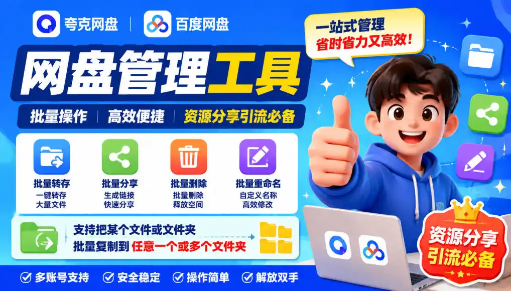 夸克网盘批量文件重命名,批量转存、批量分享、批量复制,内置AI功能-云网创