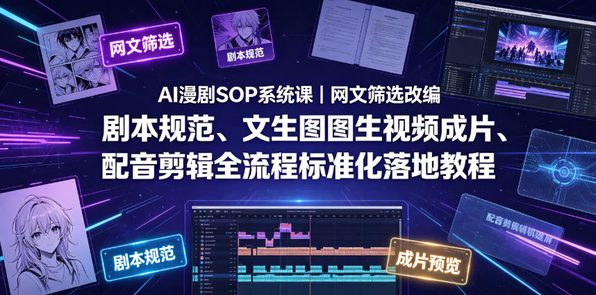 AI漫剧SOP系统课|网文筛选改编、剧本规范、文生图图生视频成片、配音剪辑全流程标准化落地教程-云网创