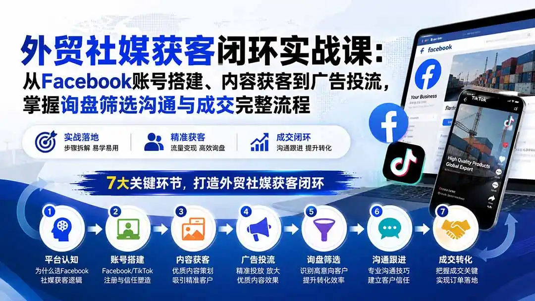 外贸社媒获客闭环实战课:从Facebook账号搭建、内容获客到广告投流,掌握询盘筛选沟通与成交完整流程-云网创