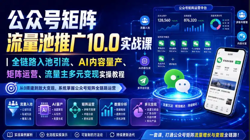 公众号矩阵流量池推广10.0实战课|全链路入池引流、AI内容量产、矩阵运营、流量主多元变现实操教程-云网创