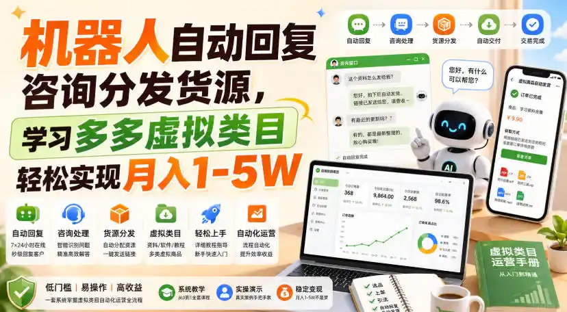 机器人自动回复咨询分发货源，学习多多虚拟类目轻松实现月入1-5W【揭秘】-云网创