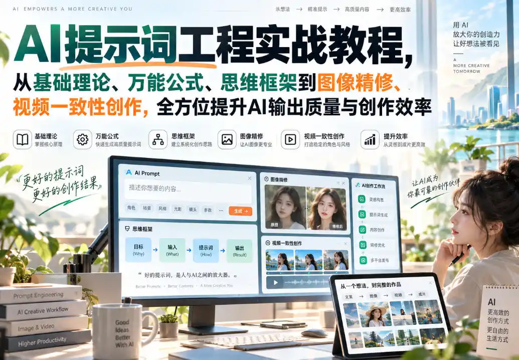 AI提示词工程实战教程,从基础理论、万能公式、思维框架到图像精修、视频一致性创作,全方位提升AI输出质量与创作效率-云网创