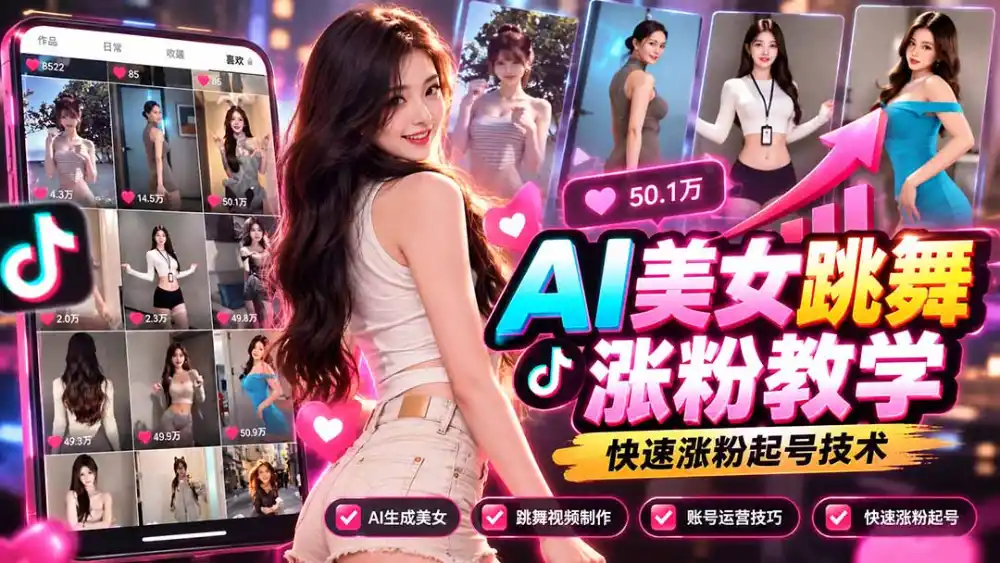 AI美女跳舞涨粉教学，AI生成美女，跳舞视频制作，账号运营与快速起号涨粉-云网创