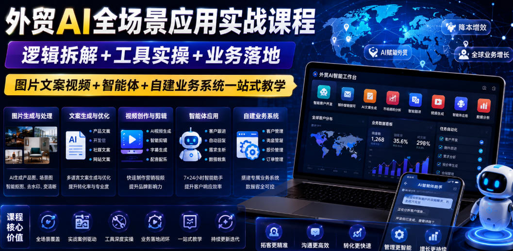 外贸AI全场景应用实战课程｜逻辑拆解+工具实操+业务落地，图片文案视频+智能体+自建业务系统一站式教学-云网创