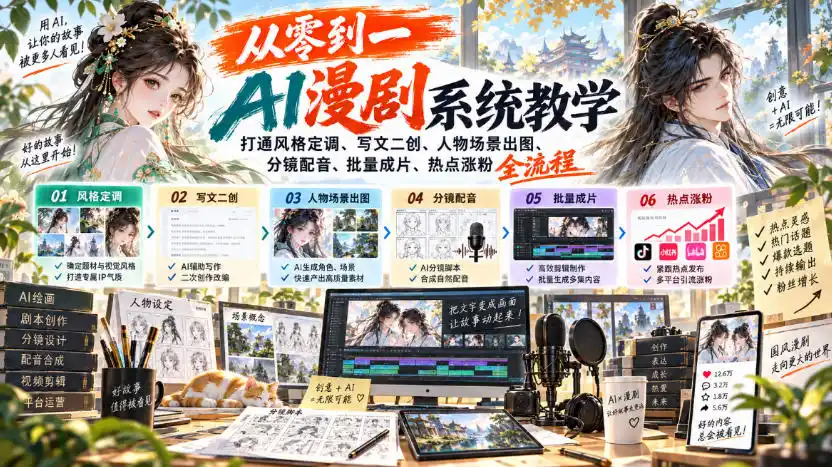 从零到一AI漫剧系统教学，打通风格定调、写文二创、人物场景出图、分镜配音、批量成片、热点涨粉全流程-云网创