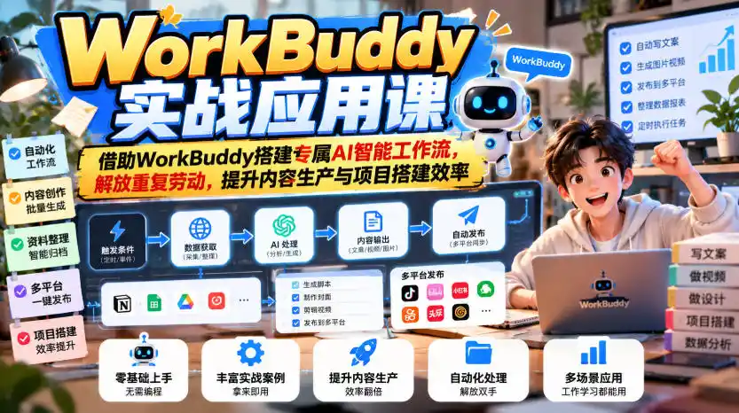 WorkBuddy实战应用课,借助WorkBuddy搭建专属AI智能工作流,解放重复劳动,提升内容生产与项目搭建效率-云网创