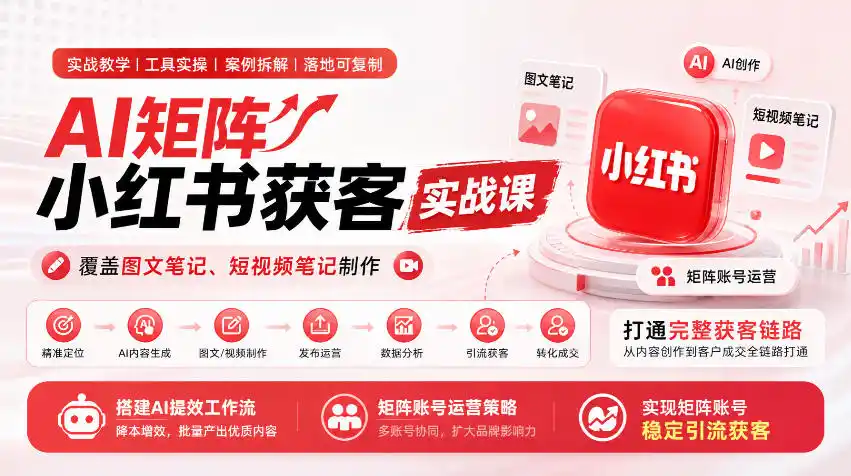 AI矩阵小红书获客实战课,覆盖图文笔记、短视频笔记制作,打通完整获客链路,搭建AI提效工作流,实现矩阵账号稳定引流获客-云网创