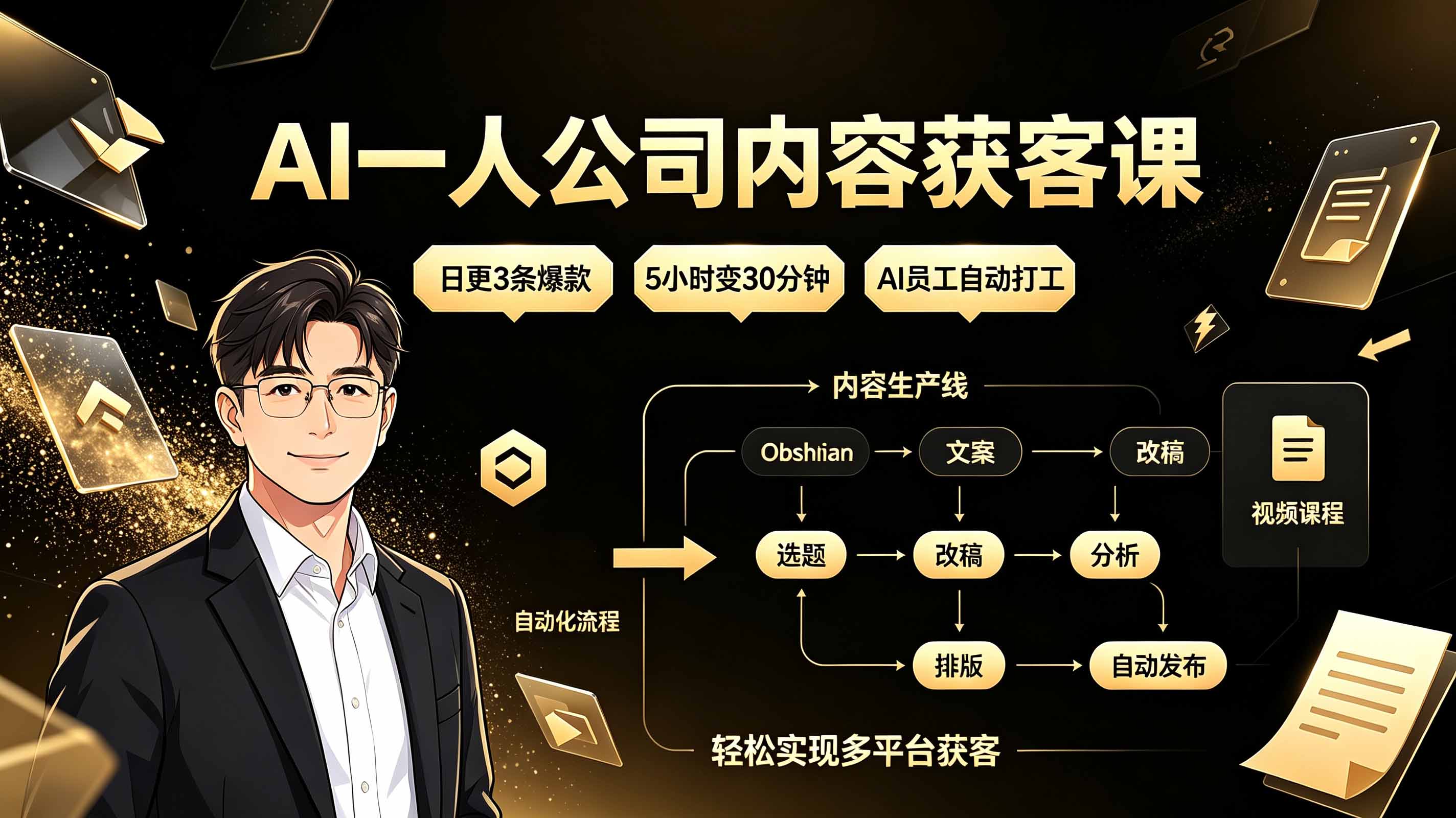 AI一人公司内容获客课：日更3条爆款×5小时变30分钟×AI员工自动打工，轻松实现多平台获客-云网创