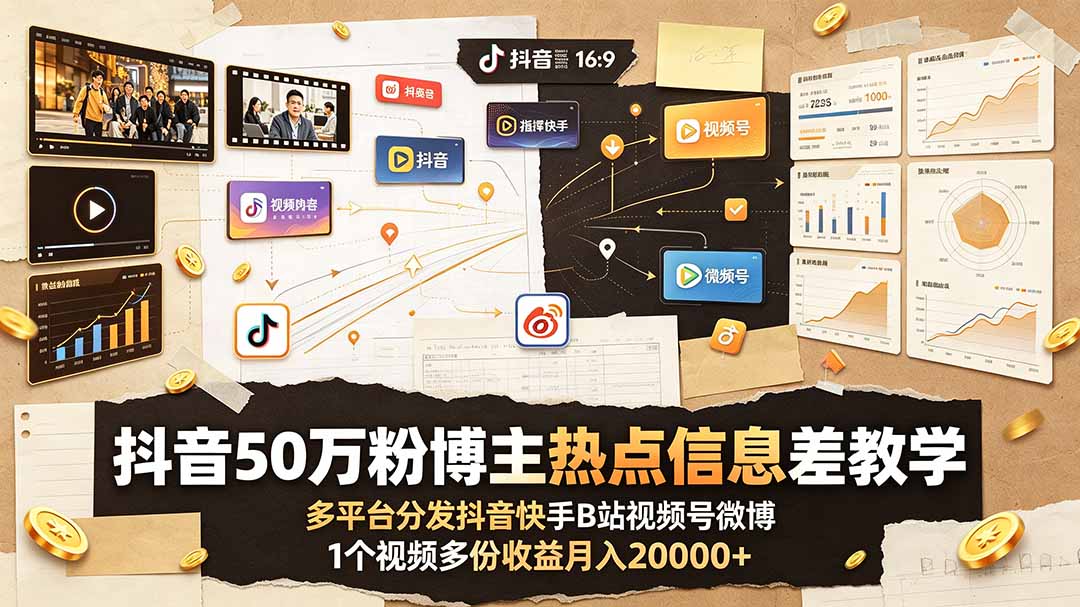 抖音50万粉博主热点信息差教学:多平台分发抖音快手B站视频号微博,1个视频多份收益月入20000+-云网创
