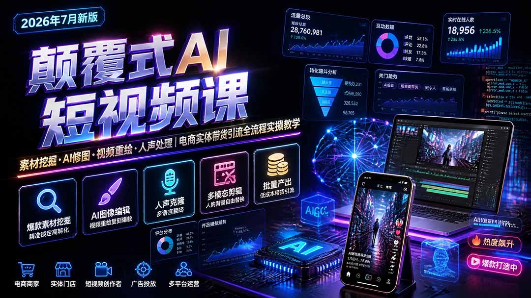 颠覆式AI短视频课|素材挖掘,AI修图,视频重绘,人声处理|电商实体带货引流全流程实操教学-云网创