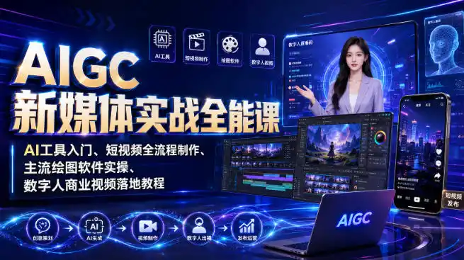 AIGC新媒体实战全能课|AI工具入门、短视频全流程制作、主流绘图软件实操、数字人商业视频落地教程-云网创