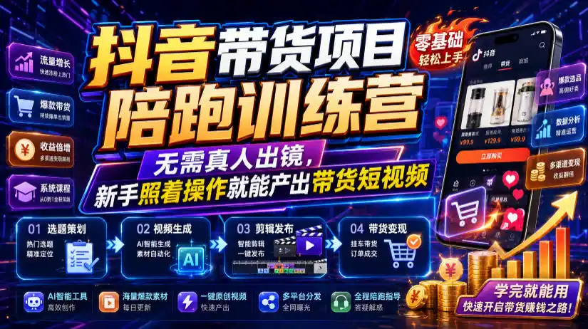 抖音带货项目陪跑训练营,无需真人出镜,新手照着操作就能产出带货短视频(更新0811)-云网创