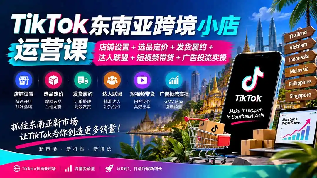 TikTok东南亚跨境小店运营课：店铺设置+选品定价+发货履约+达人联盟+短视频带货+广告投流实操-云网创