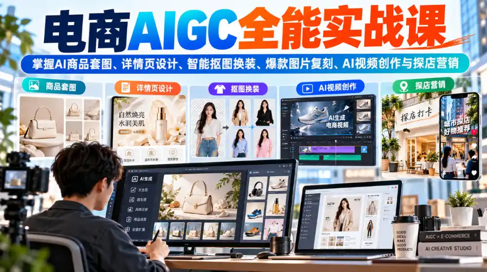 电商AIGC全能实战课:掌握AI商品套图、详情页设计、智能抠图换装、爆款图片复刻、AI视频创作与探店营销-云网创