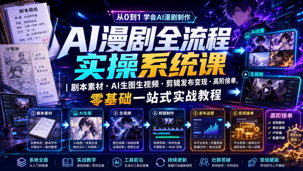 AI漫剧全流程实操系统课｜剧本素材・AI生图生视频・剪辑发布变现・高阶接单，零基础一站式实战教程-云网创