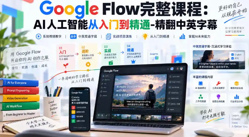 【无水印】Google Flow完整课程:AI人工智能从入门到精通-精翻中英字幕-云网创