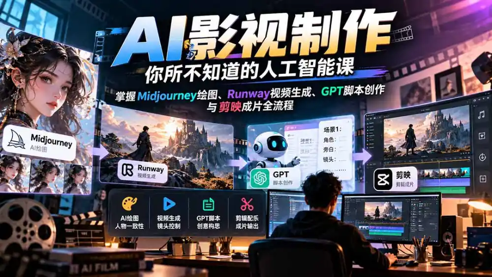 【无水印】AI影视制作-你所不知道的人工智能课，掌握Midjourney绘图、Runway视频生成、GPT脚本创作与剪映成片全流程-云网创