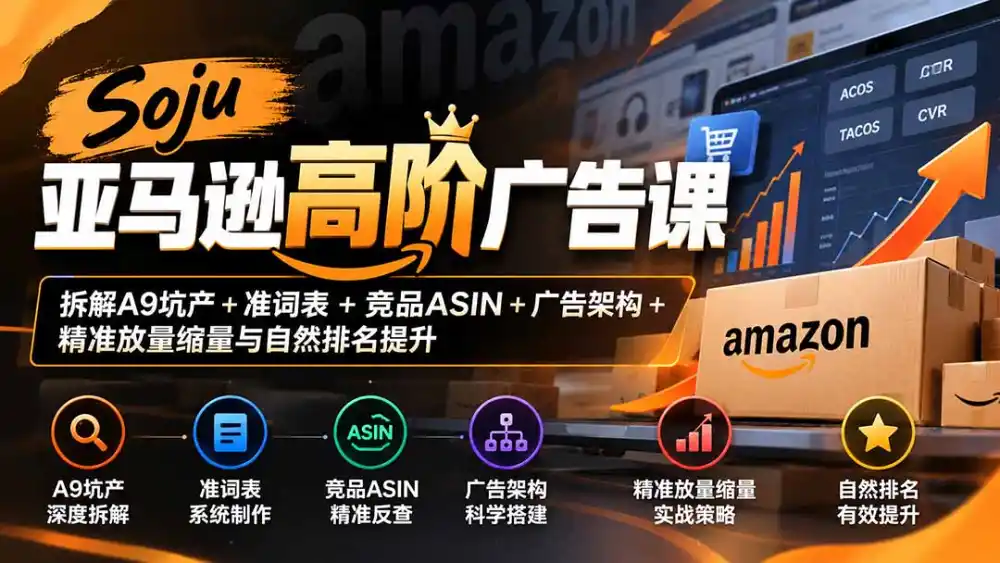 Soju亚马逊高阶广告课：拆解A9坑产+准词表+竞品ASIN+广告架构+精准放量缩量与自然排名提升-云网创