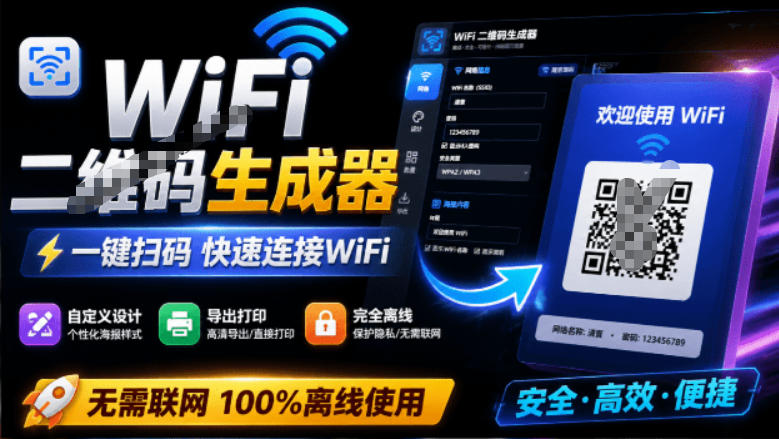 完全离线使用！WiFi二维码生成器，一键扫码快速连接WiFi，支持自定义风格导出WiFi二维码生成器-云网创