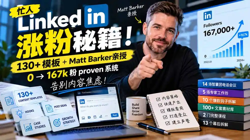 【无水印】忙人LinkedI 涨粉秘籍!130+模板+Matt Barker亲授:0→167k粉proven系统,告别内容焦虑【原创双语字幕】-云网创