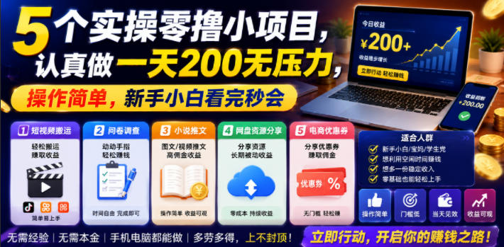 5个实操零撸小项目，认真做一天200无压力，操作简单，新手小白看完秒会【揭秘】-云网创