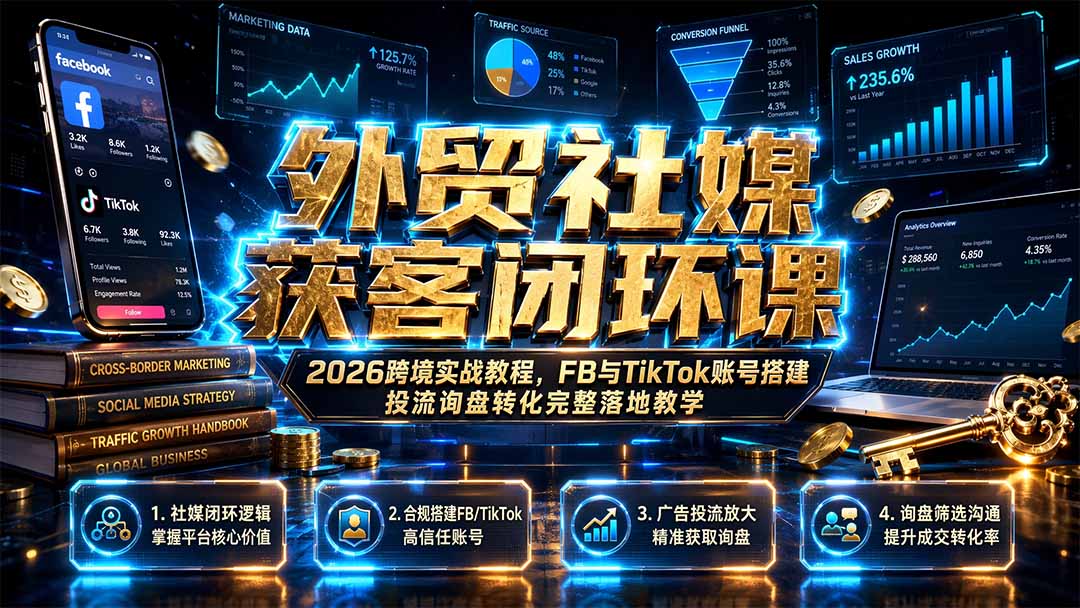 外贸社媒获客闭环课|2026跨境实战教程,FB与TikTok账号搭建投流询盘转化完整落地教学-云网创