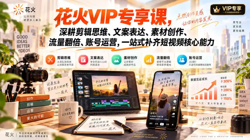花火VIP专享课，深耕剪辑思维、文案表达、素材创作、流量翻倍、账号运营，一站式补齐短视频核心能力-云网创