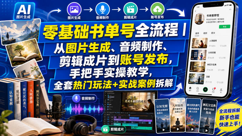 零基础书单号全流程|从图片生成、音频制作、剪辑成片到账号发布,手把手实操教学,全套热门玩法+实战案例拆解-云网创