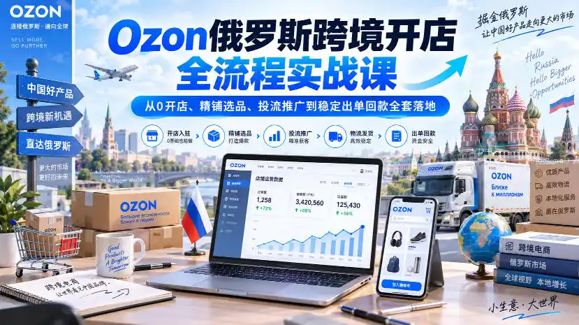 Ozon俄罗斯跨境开店全流程实战课｜从0开店、精铺选品、投流推广到稳定出单回款全套落地-云网创