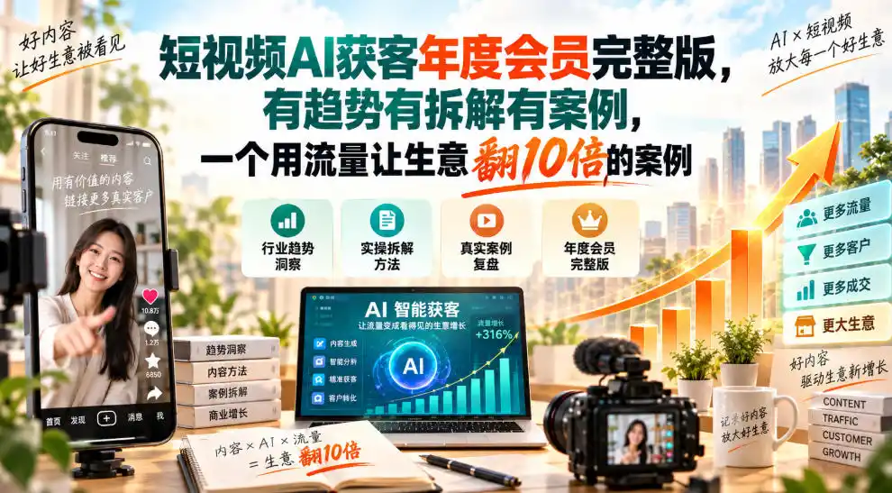 短视频AI获客年度会员完整版，有趋势有拆解有案例，一个用流量让生意翻10倍的案例-云网创