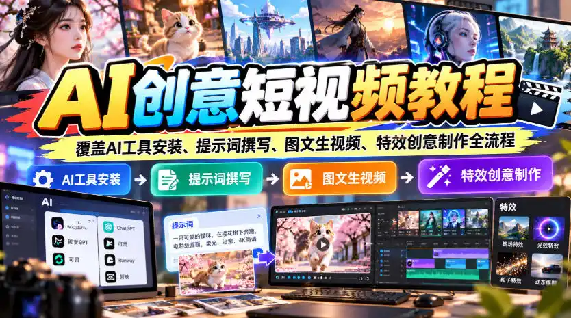AI创意短视频教程，覆盖AI工具安装、提示词撰写、图文生视频、特效创意制作全流程-云网创