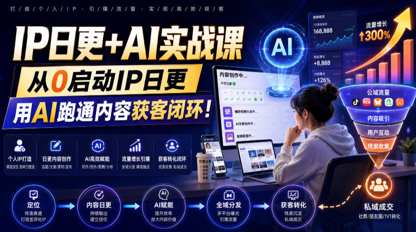 IP日更+AI实战课，从0启动IP日更，IP置顶视频制作+100条选题库搭建+10条日更规划，用AI跑通内容获客闭环!-云网创