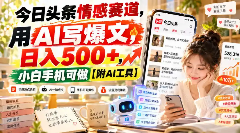 今日头条情感赛道，用AI写爆文，日入500+，小白手机可做【附AI工具】-云网创