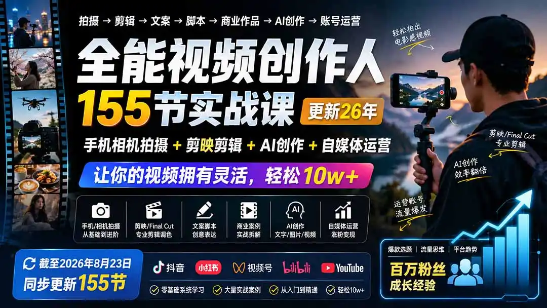 全能视频创作人155节实战课-更新26年8月:手机相机拍摄+剪映剪辑+AI创作+自媒体运营,让你的视频拥有灵活,轻松10w-云网创