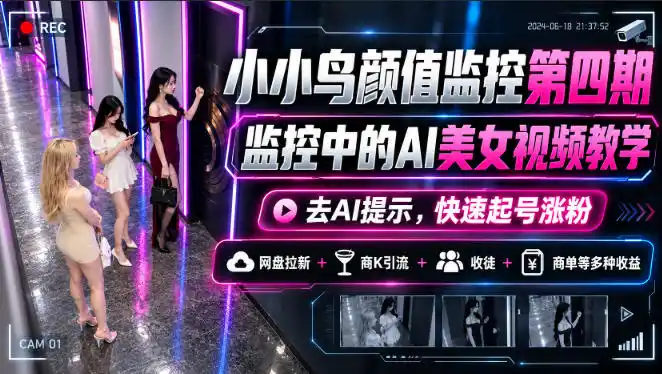 小小鸟颜值监控第四期，监控中的AI美女视频教学，去AI提示，快速起号涨粉，网盘拉新+商K引流+收徒+商单等多种收益-云网创