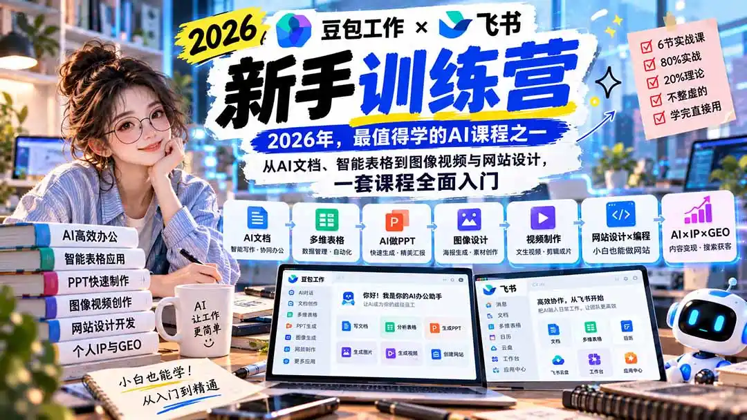 2026豆包工作+飞书新手训练营-9月新课:从AI文档、智能表格到图像视频与网站设计,一套课程全面入门-云网创