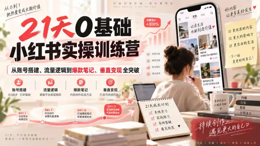 21天0基础小红书实操训练营|从账号搭建、流量逻辑到爆款笔记、垂直变现全突破-云网创
