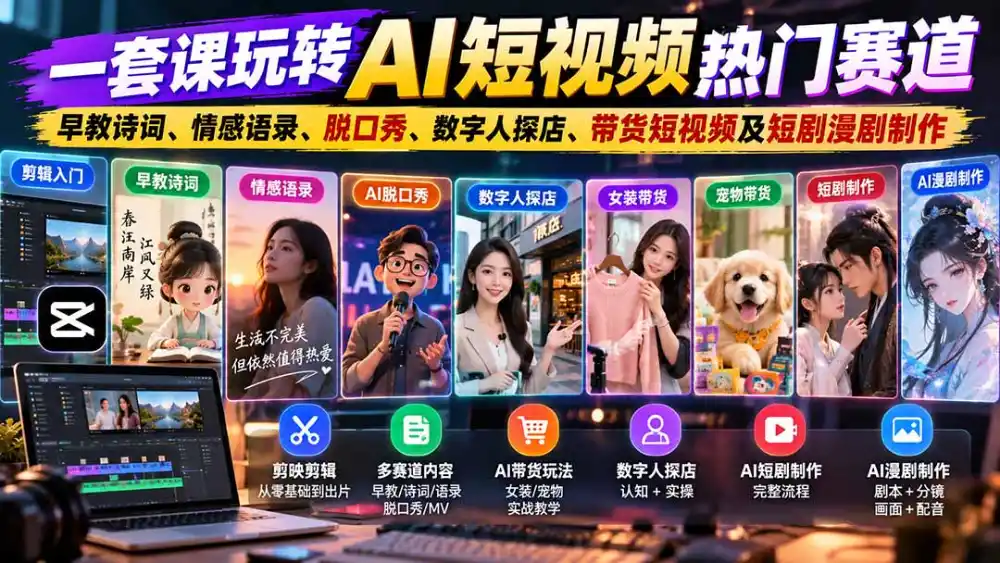 一套课玩转AI短视频热门赛道:早教诗词、情感语录、脱口秀、数字人探店、带货短视频及短剧漫剧制作 复制标题-云网创