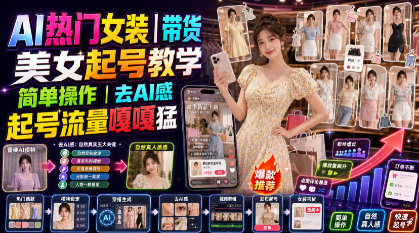 AI热门女装带货丨美女起号教学，简单操作，去AI感，起号流量嘎嘎猛-云网创