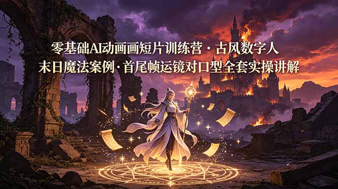 零基础AI动画短片训练营，古风数字人末日魔法案例，首尾帧运镜对口型全套实操讲解-云网创