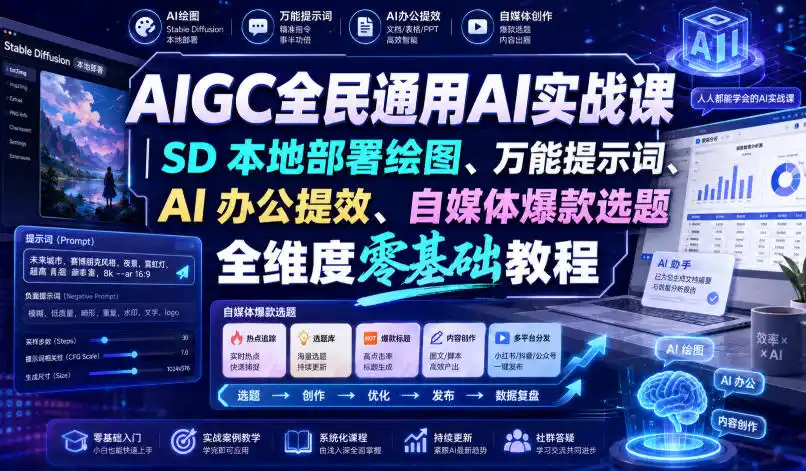 AIGC全民通用AI实战课|SD本地部署绘图、万能提示词、AI办公提效、自媒体爆款选题全维度零基础教程-云网创