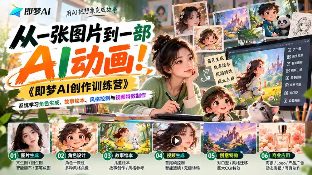 【无水印】从一张图片到一部AI动画！《即梦AI创作训练营》系统学习角色生成、故事绘本、风格控制与视频特效制作-云网创