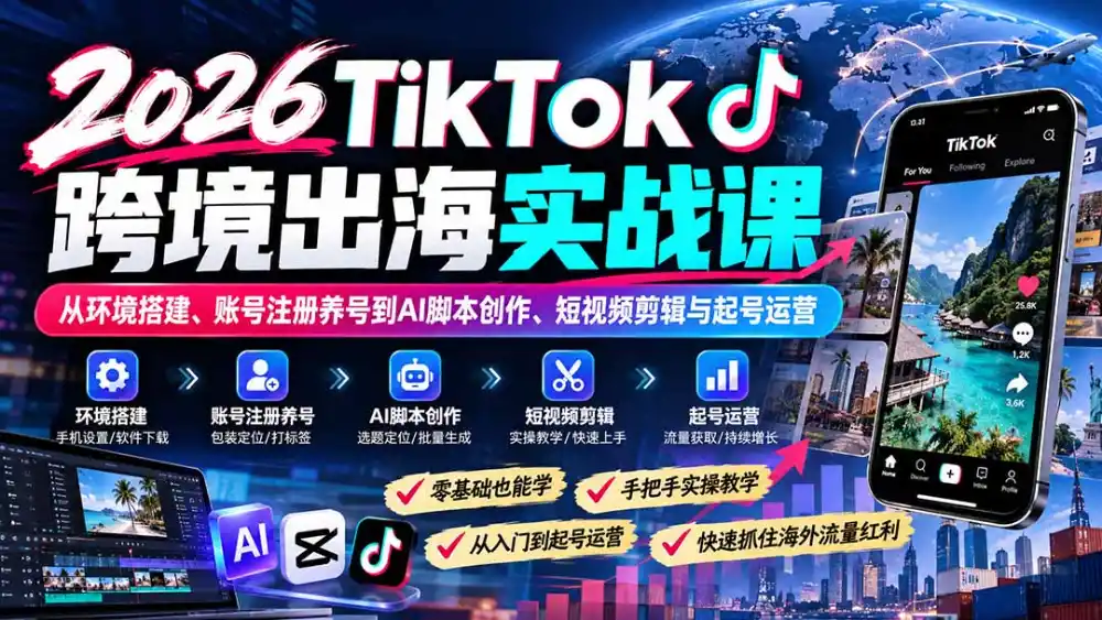 2026TikTok跨境出海实战课：从环境搭建、账号注册养号到AI脚本创作、短视频剪辑与起号运营-云网创