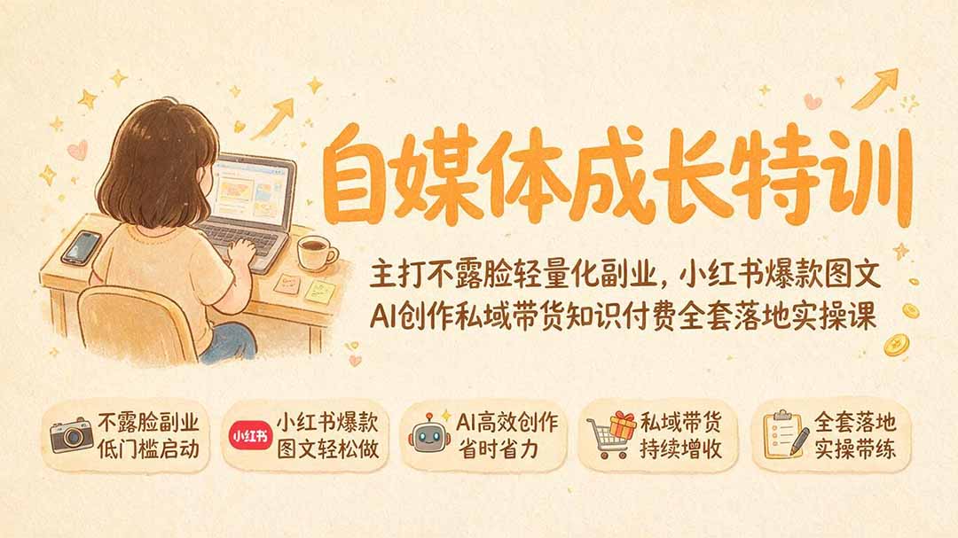 自媒体成长特训｜主打不露脸轻量化副业，小红书爆款图文AI创作私域带货知识付费全套落地实操课-云网创