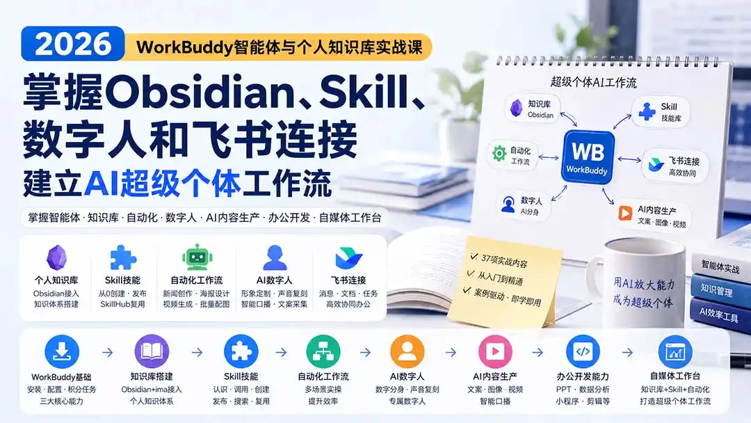 2026 WorkBuddy智能体与个人知识库实战课:掌握Obsidian、Skill、数字人和飞书连接,建立AI超级个体工作流-云网创