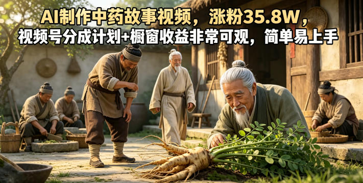 AI制作中药故事视频，涨粉35.8W，视频号分成计划+橱窗收益非常可观，简单易上手-云网创