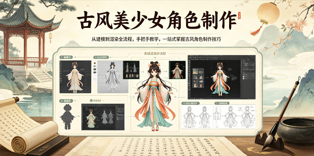 古风美少女角色制作，从建模到渲染全流程，手把手教学，一站式掌握古风角色制作技巧-云网创