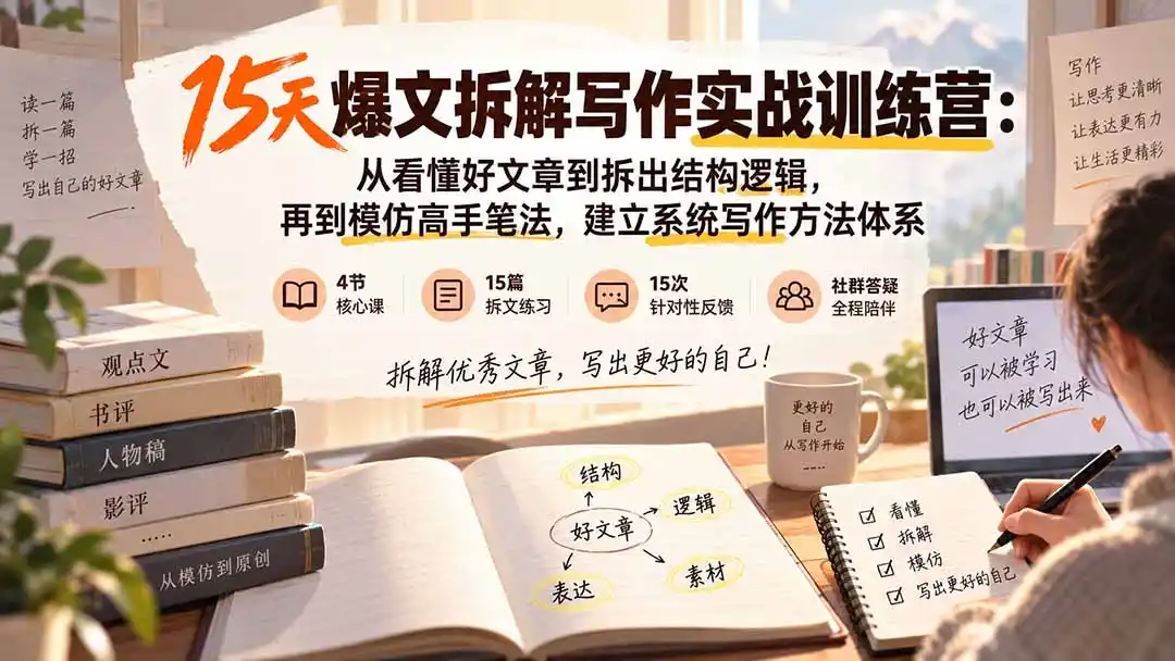 15天爆文拆解写作实战训练营：从看懂好文章到拆出结构逻辑，再到模仿高手笔法，建立系统写作方法体系-云网创
